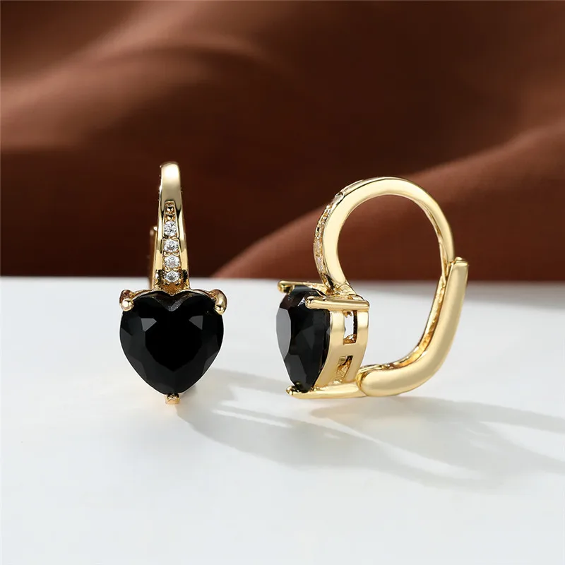 Crystal Female Green Purple Zircon Stone Clip Earrings Vintage Gold Color Love Heart Wedding Jewelry For Women