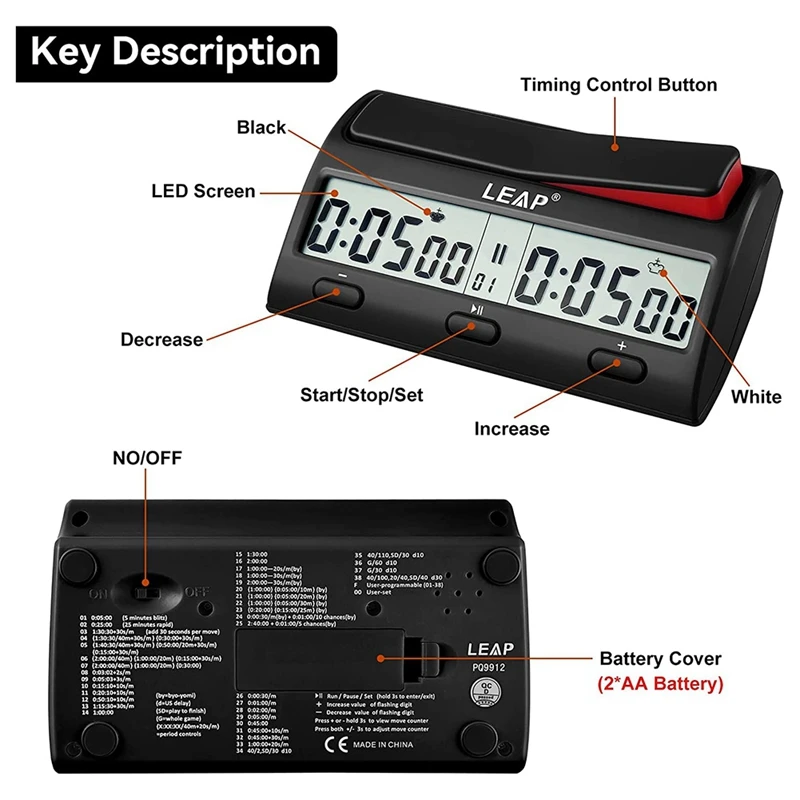 Leap pq9918 relógio de xadrez digital carga usb multifuncional jogo de ir  contagem para cima para baixo xadrez alarme temporizador