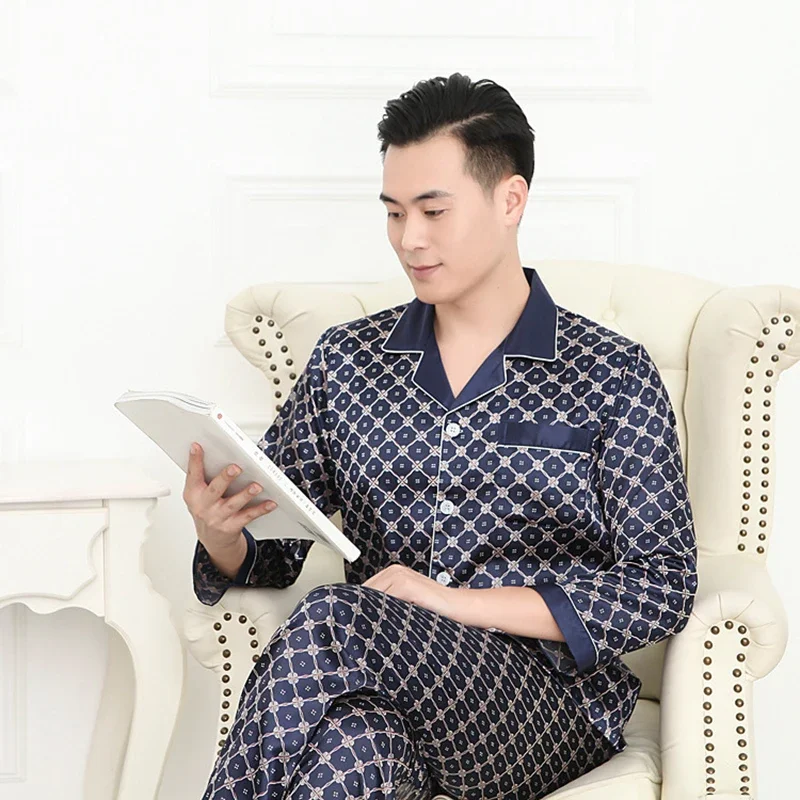 Spring And Autumn Men's Pajamas Sets Silk Long-sleeved Sleepwear Ice Silk Plus Size Home Clothing Pyjamas Suit Home Wear