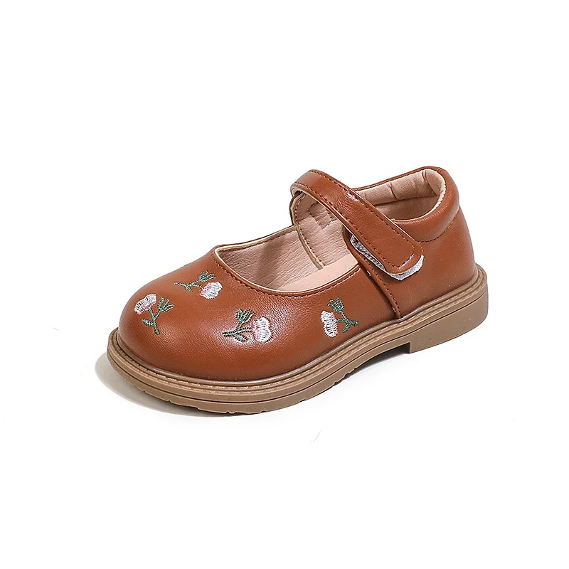 Girls Leather Shoes Embroidery Flowers Princess Sweet Kids National Style Flats Children's Flat Mary Janes Soft Dress Shoes Soft 6