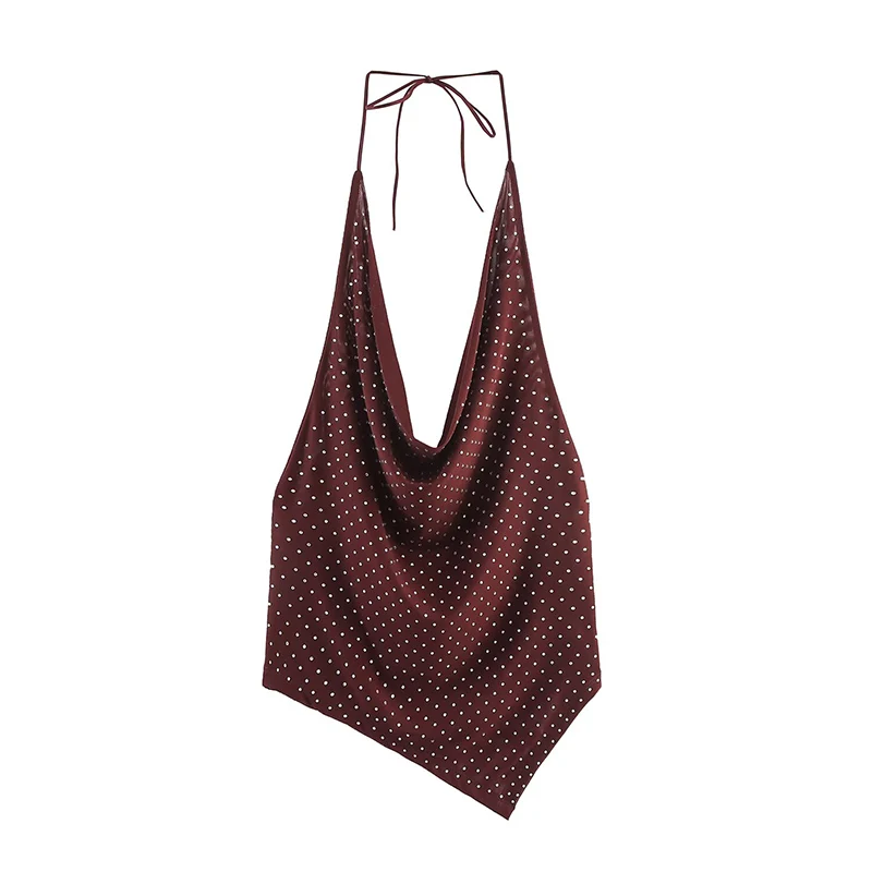 Sexy Halter Sling Tops Women's Water Diamond Tulle Backless Asymmetric Crop Top 2025 Summer New Lady Elegant Short Tops