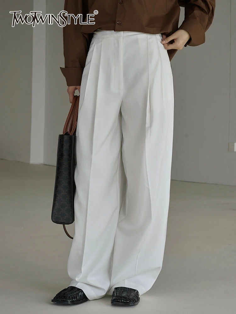 

TWOTWINSTYLE Solid Spliced Pockets Pants For Women High Waist Patchwork Folds Minimalist Casual Wide Leg Pant Female Fashion New