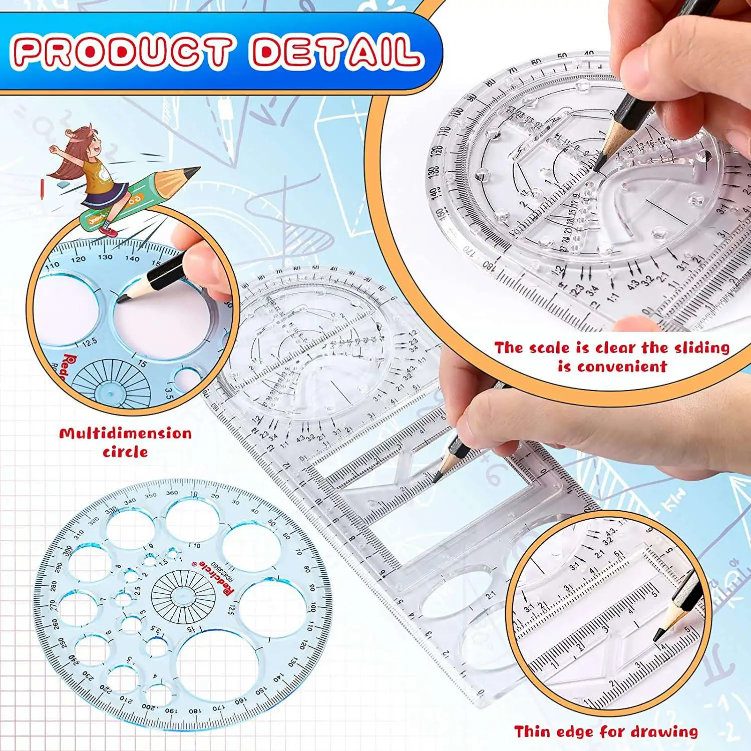 4Pcs Multifunctional Geometric Ruler Measuring Drawing Ruler Plastic Mathematics Tools for Student School Office Supply