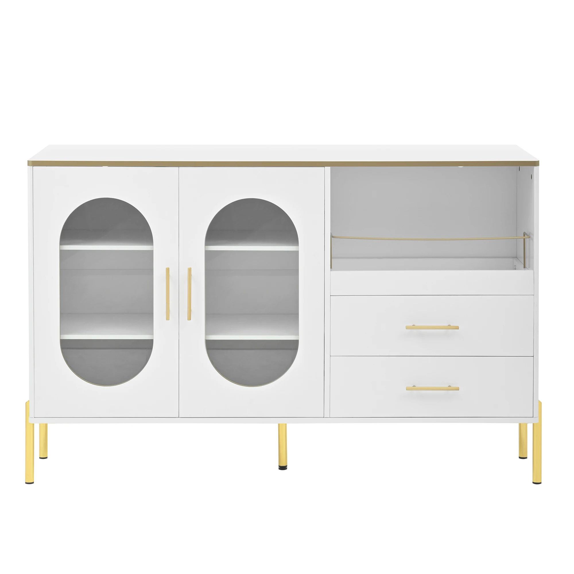 Eleganter Sideboard-Schrank mit 2 Schubladen und 2 Glastüren – Moderne Kommode in Weiß mit goldenen Akzenten – Großer Stauraum – Detail 23