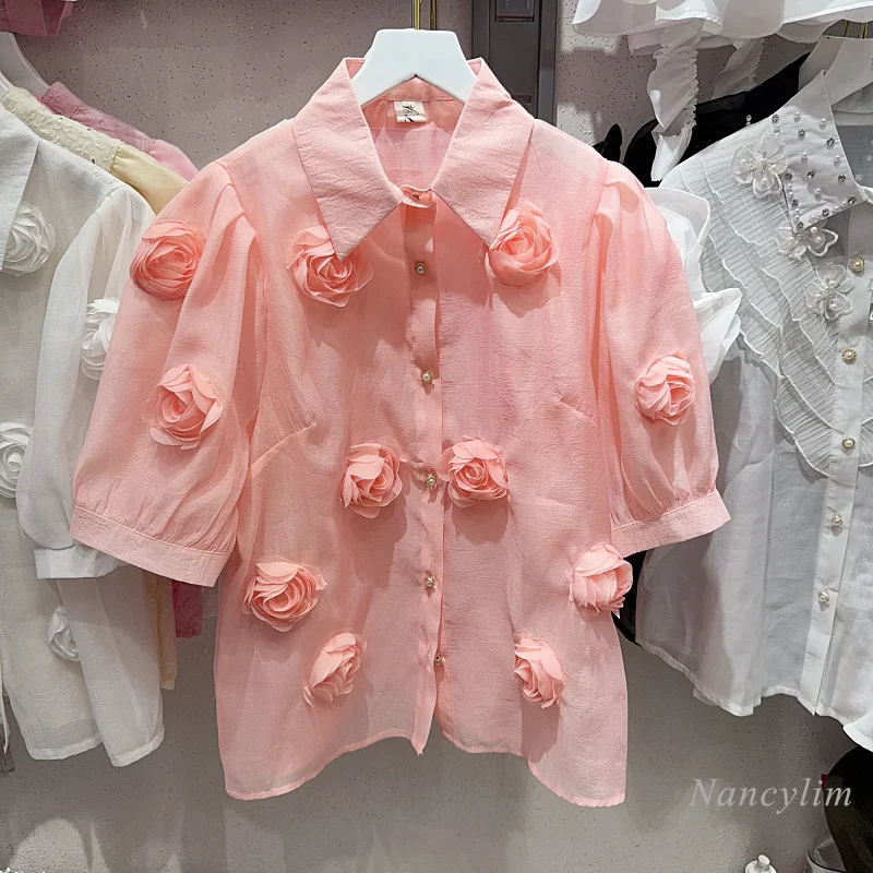 

Design Niche Three-Dimensional Flower Puff Sleeve Blouse Women's 2024 Summer Top See-through Chic Short-Sleeved Shirt Blusas