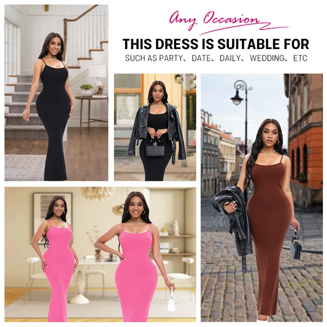 Women Built In Shapewear Bra Waist Cinched Butt Lifter Sleeveless Slip Long Dress Body Shaper 4