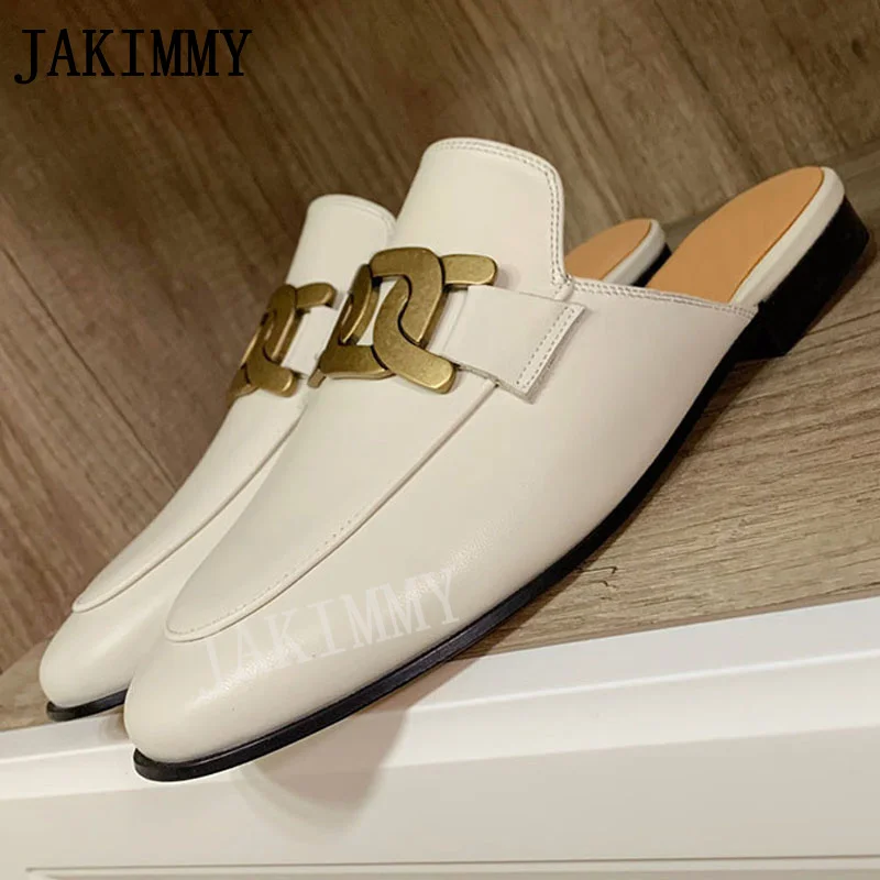 

Summer New Chunky Heel Women Slippers Wrap Toe Metal Decor Designer Leather Mules Slides Casual Party Beach Walking Dress Shoes