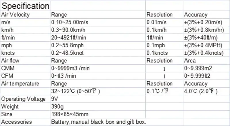 Description Picture 3 of itemHti HT-9829 High Sensitivie Digital Portable Wind Speed Meter Hot Wire Thermal Anemometer Anemometro Measuring Instruments