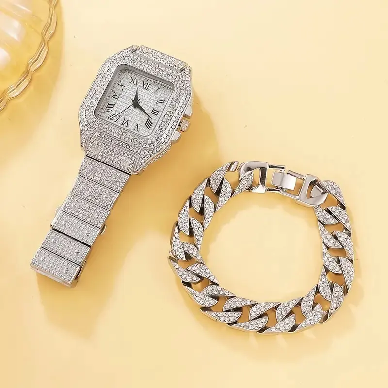 2Pcs Set Diamond Women Watches Gold Watch Ladies Wrist Watches Luxury Brand Rhinestone Womens Bracelet women watches