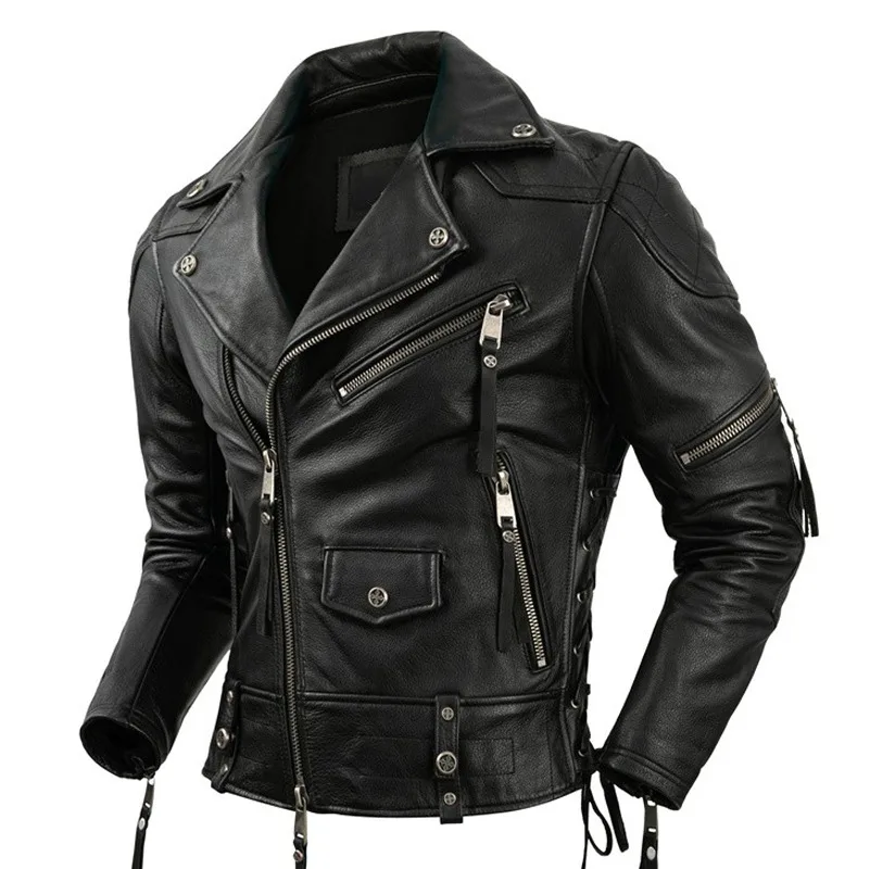 Motorcycle Jacket Real Cowhide Leather Jacket  Mens Motor Biker Jackets Men Motorcycle Riding Jacket Genuine LeatherS-XL motorcycle mans vest cowhide real leather riding men s waistcoat vest reflection skull pattern sleeveless coat genuine leather