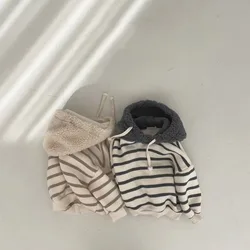 2023 Autumn New Children Striped Plus Fleece Long Sleeve Hoodies Boy Baby Loose Fashion Hooded Tops Boy Cotton Casual Sweatshirt