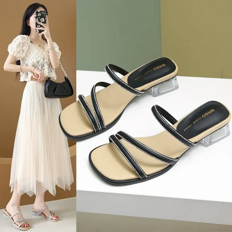 Women Sandals Ladies Square Heels Elegant Summer Slippers Outside Cross Tied Leather Female Slides 2024 Fashion Woman Sandals