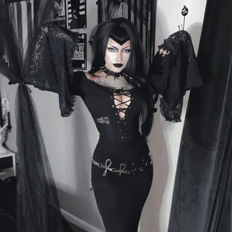 

Goth Fashion Retro Women Blouse Long Sleeve Lace Patchwork Round Neck Bow Tie Patchwork Slim Pullover Gothic Style Lady Blouse