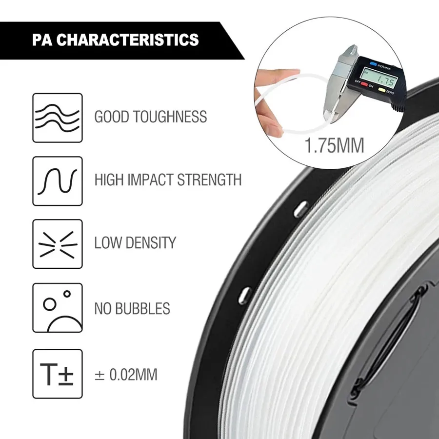 나일론 PA6 필라멘트 1.75mm 1kg/500g/250g 3D 프린터 필라멘트 고강도 내열성 폴리아미드 검정 흰색 투명