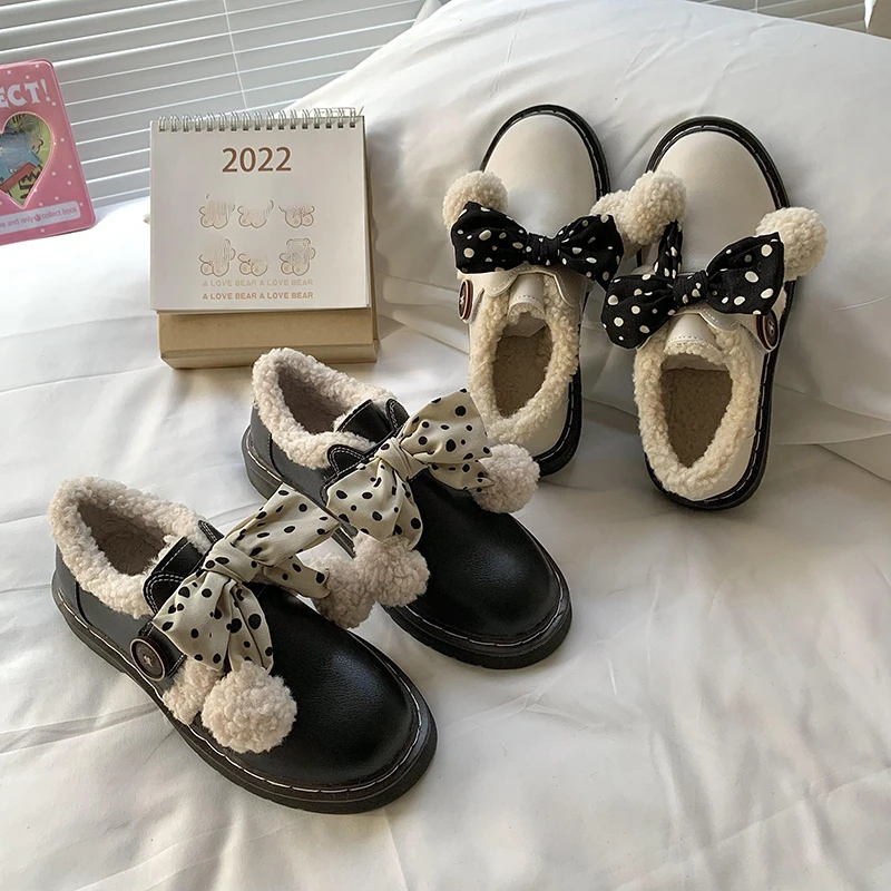 Lolita Sweet Girl Round Head Leather Shoes Winter Plus Velvet Warm Boots Women's Soft Girl Bowknot Kawai Women's Cotton Shoes