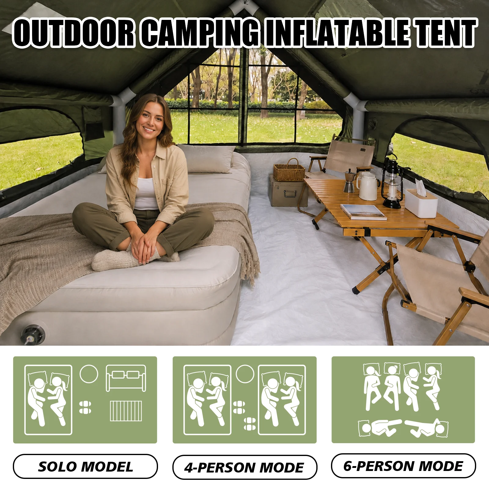 SENLEETO Inflatable Tent 420D Oxford 3-4 Person Portable Blow up Air Camping Tent with Canopy/Rain Fly, Stove Jack AC Vent for Outdoor Glamping image 4