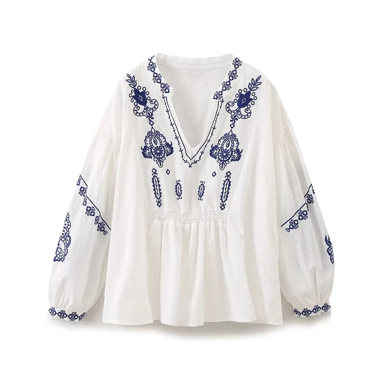 

YENKYE New Women Floral Embroidery White Blouse Vintage Lantern Sleeve V Neck Female Casual Loose Tops Spring Summer Blusas Muje