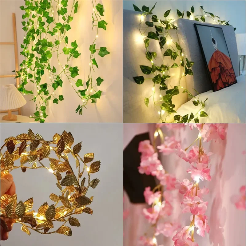 

Green Leaf Fairy Lights Led Copper Wire Ivy Vine 2M Cherry Blossom String Lights For Bedroom Garden Party Wedding Decoration