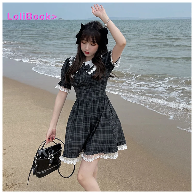 

Holiday Mini Women Summer Kawaii Sweet Plaid Lace Dress Female Japanese Lolita Bow O-Neck Bubble Sleeve Dresses