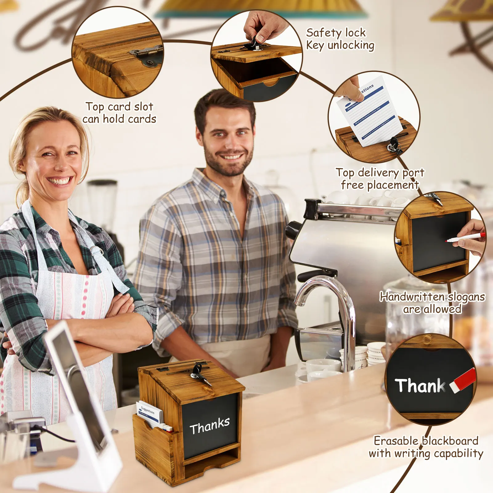 Wood Suggestion Box Wall Mounted/Standing Donation Ballot Message Box with Slot & Lock Chalkboard Collection Box for Home School