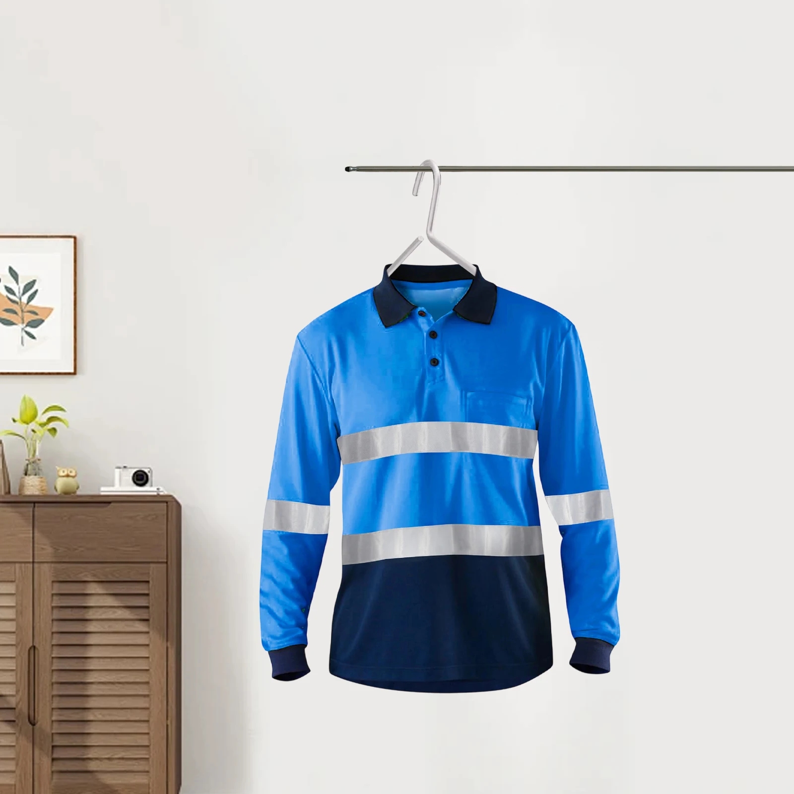 Men's High Vis T Shirt Contrast Color Reflective Lapel Long Sleeve Safety Shirts for Work