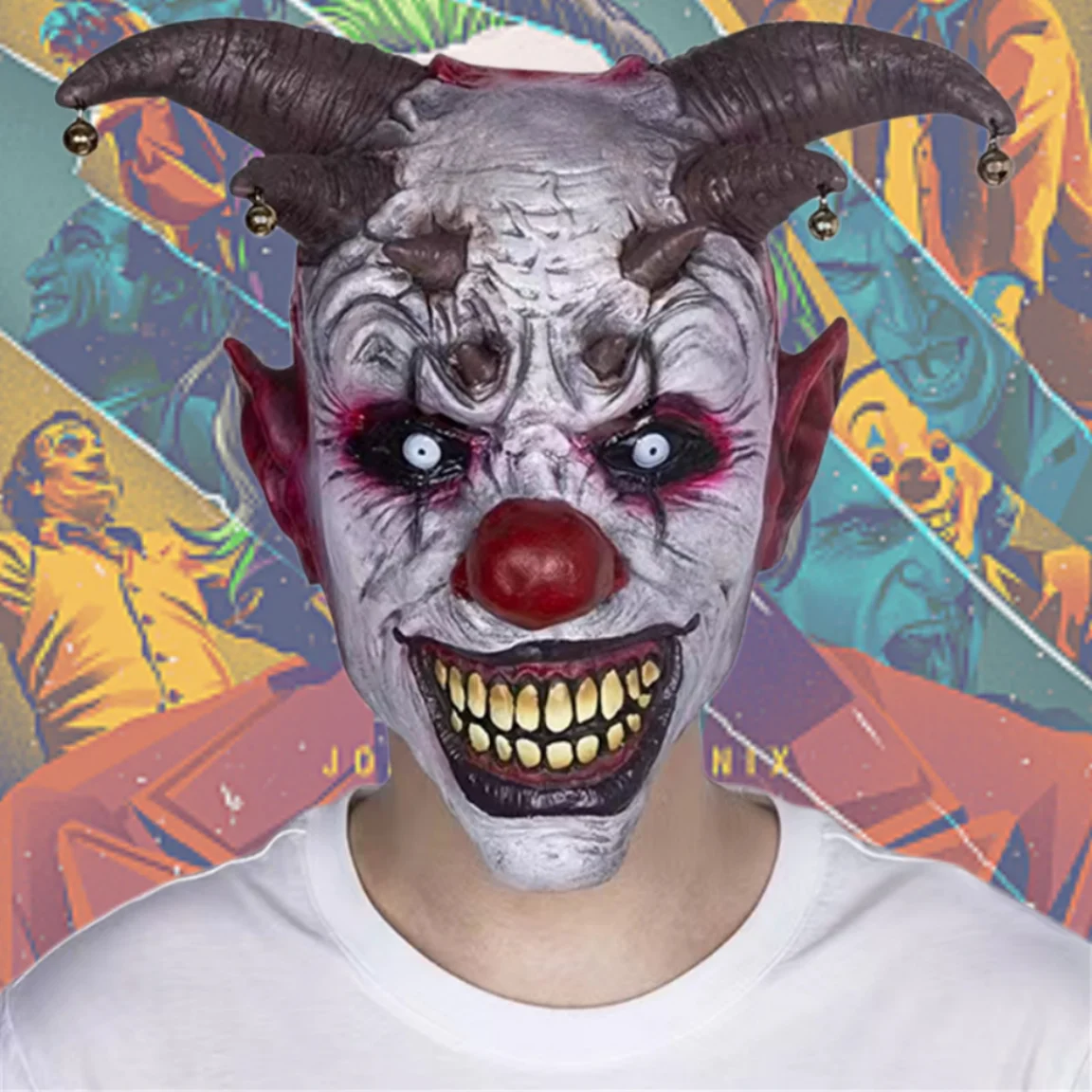 

Clown Costume Horror Halloween Cosplay Joker Bell Mask Full Face Realistic Latex Mascaras Masquerade Head Festival Accessories