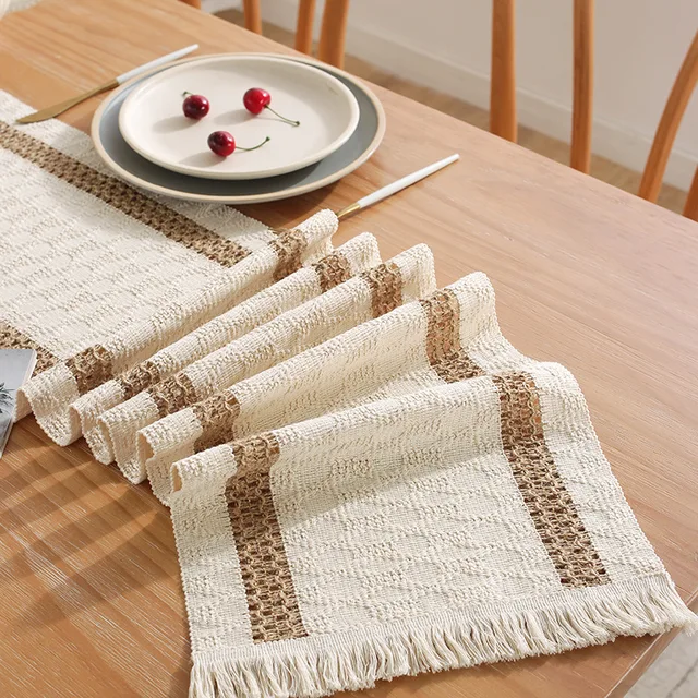 Cotton and Linen Splicing Table Flag Home Two-color Woven Tassel Tablecloth Natural Material Homestay Pastoral Decoration 3