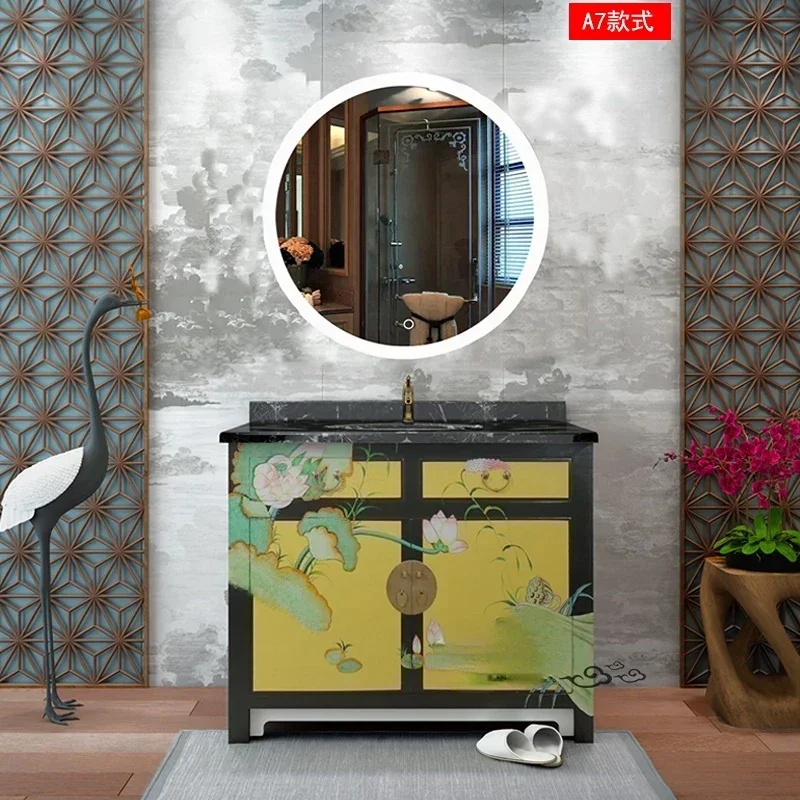 ~Retro Painted New Chinese Bathroom Cabinet Solid Wood Floor-Standing Chinese Bathroom Cabinet Furniture