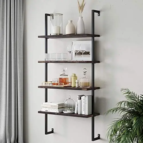 

4-Shelf Bookcase, Floating Mount Shelves with Natural Wood and Industrial Pipe Metal Frame, Oak/White Bath room organizer Showe