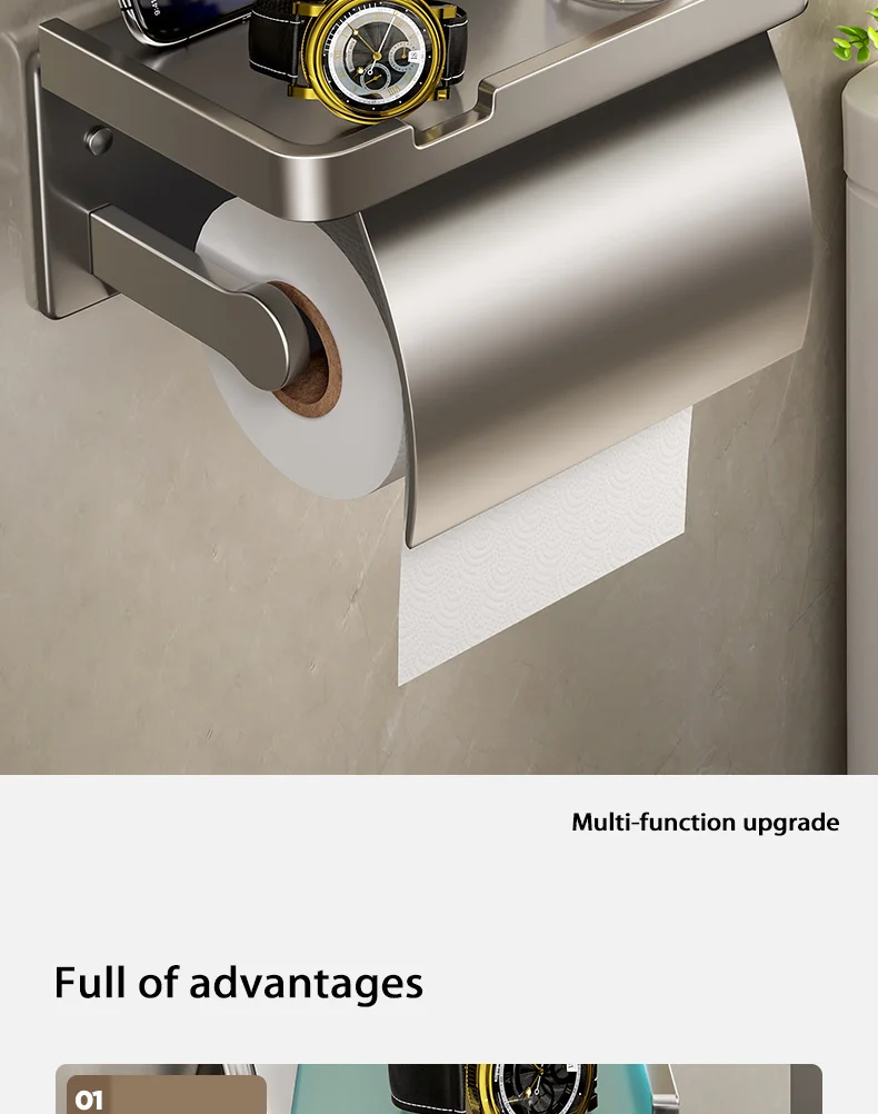 The Bathroom Tissue Holder Wall-Mounted Aluminum Holder is a silver, anti-rust aluminum toilet paper storage rack that comes with a convenient shelf on top, showcasing a gold and silver watch. The bottom text highlights its "Bathroom multi-function upgrade" and emphasizes it being "Full of advantages.