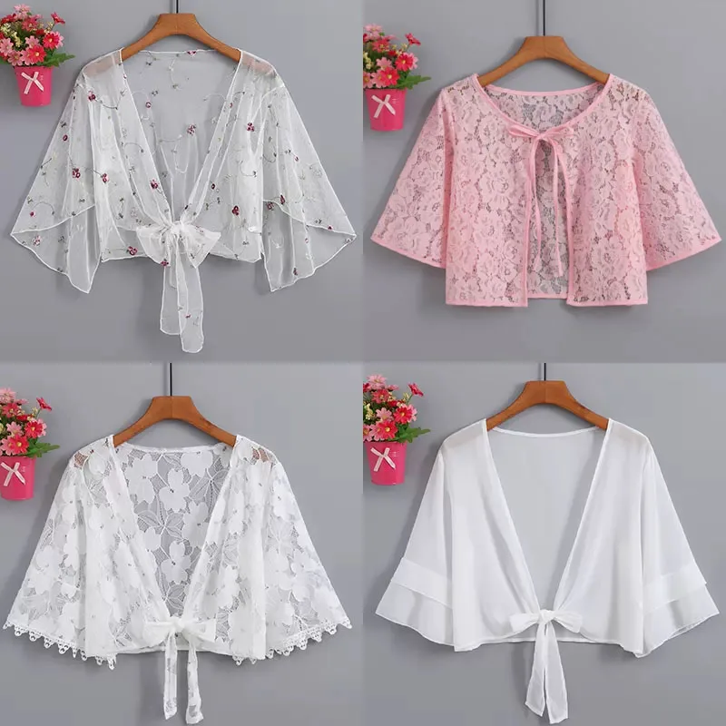 

Summer Women Chiffon Blouse In Floral 2023 V Neck Tie Waist Blouse Cardogan Shirt Flare Sleeve Top Lace Beach Blouse Cover Up