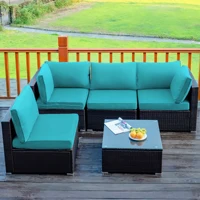 5PCS Patio Rattan Furniture Set Cushioned Sofa Chair TeaTableTurquoise