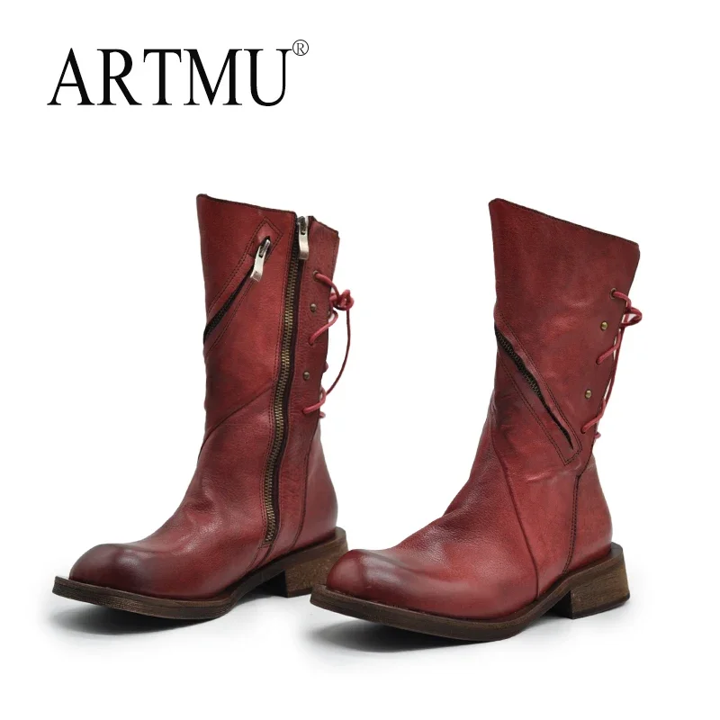 

Artmu Original Retro Mid Calf Boots For Women 2023 New Lace Up Zippers High Heels Boots Luxury Thick Heels Western Cowboy Boots