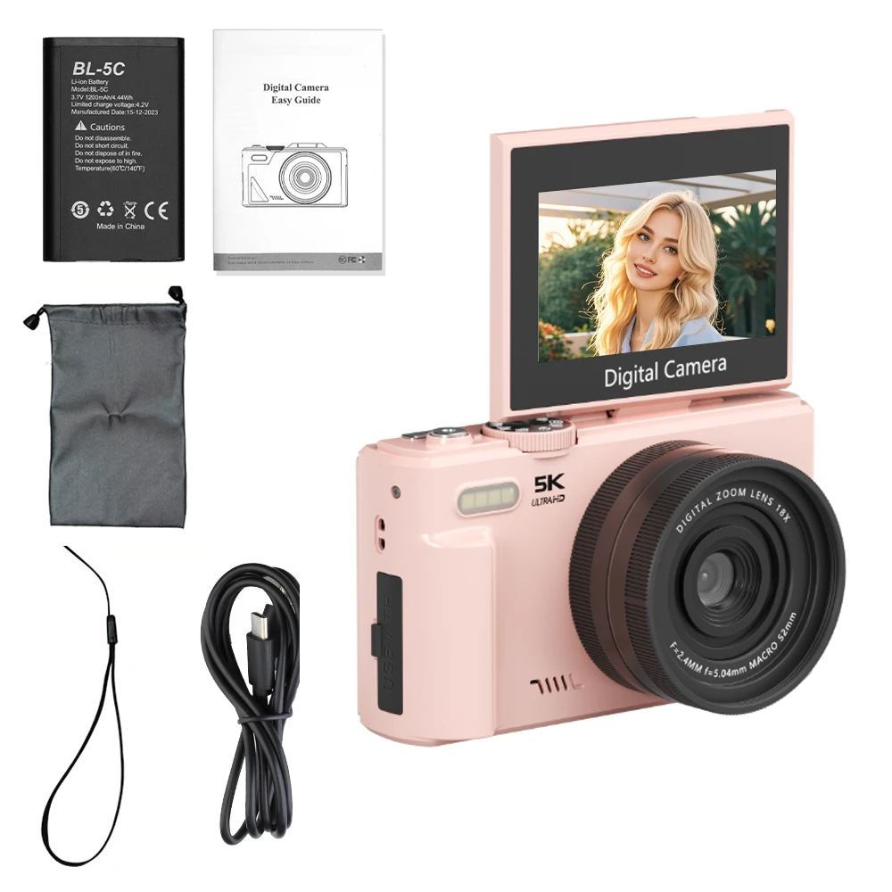 מצלמת נסיעה קומפקטית Ourlife Compact Vlog 180 °   מצלמת מסך דיגיטלית 5K עם פלאש מובנה, קלת משקל ומולטיפונקציונלית לצילום