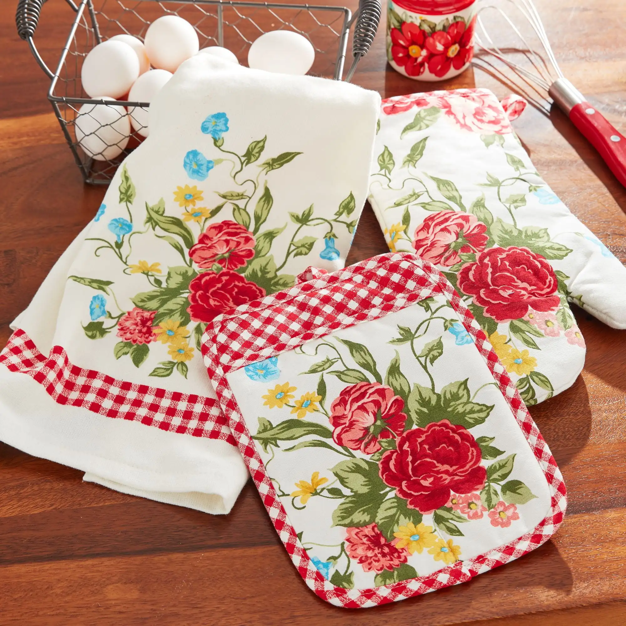 The Pioneer Woman Sweet Rose 3-Piece Kitchen Set: Kitchen Towel, Oven Mitt & Pot Holder