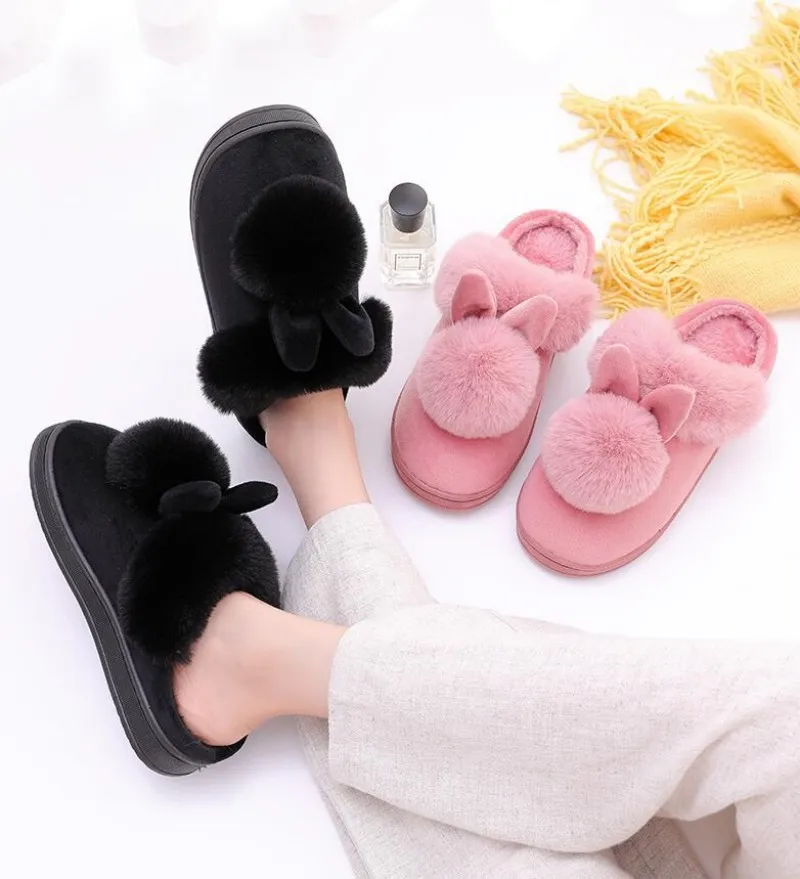 

Women Warm Slippers Furry Rabbit Ears Soft Plush Snow Female Slipper Indoor Home Shoes New Plus Size Ladies Comfort Footwear