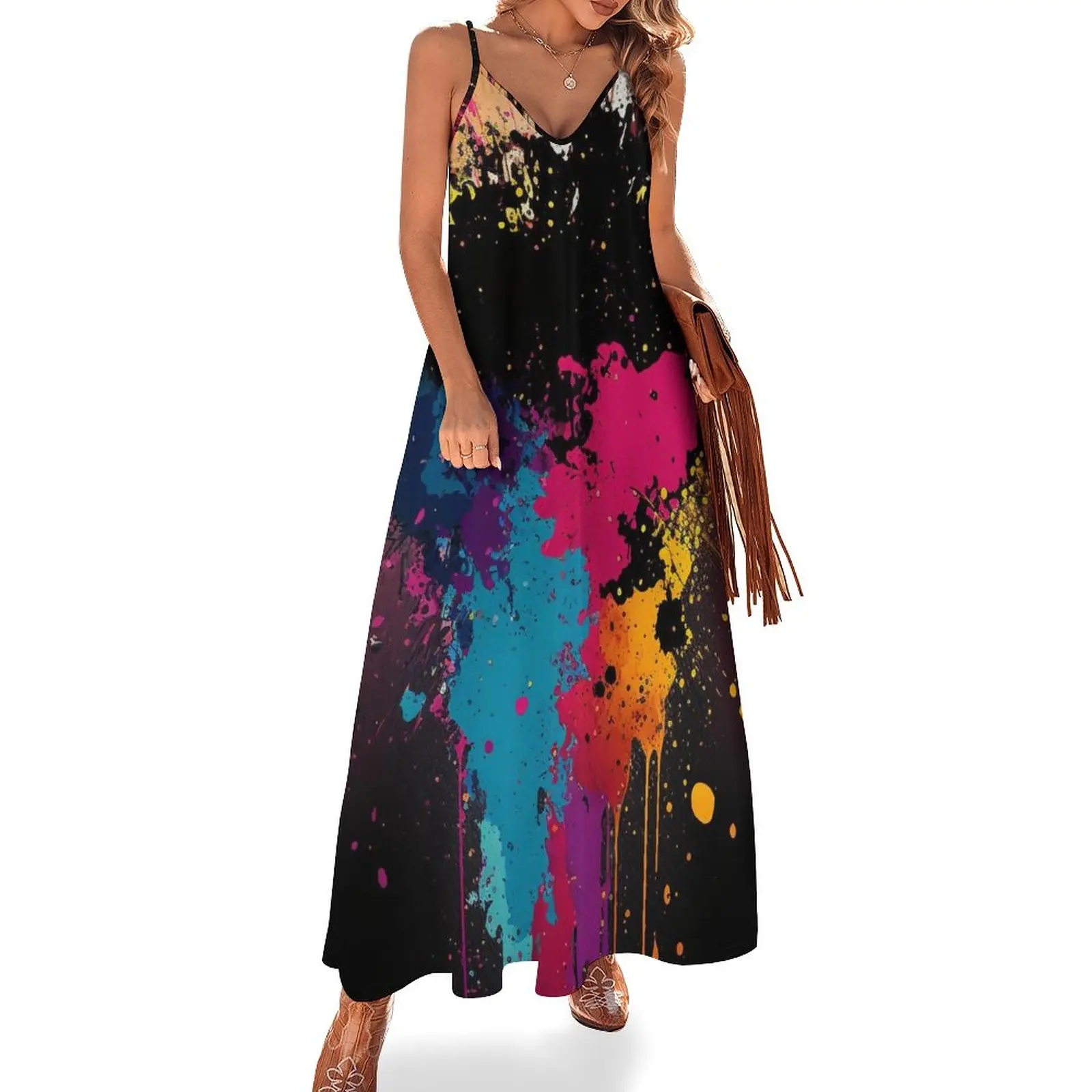 

Summer Dresses for Women 2023 Loose Fit High Waist V-Neck Vestidos Cami Strap Splashes Dyes Print Casual Women Maxi Dress