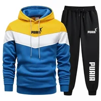 Nouvel ensemble deux pièces automne-hiver pour homme : sweat à capuche et pantalon de jogging patchwork, tenue de sport tendance pour l'extérieur 2