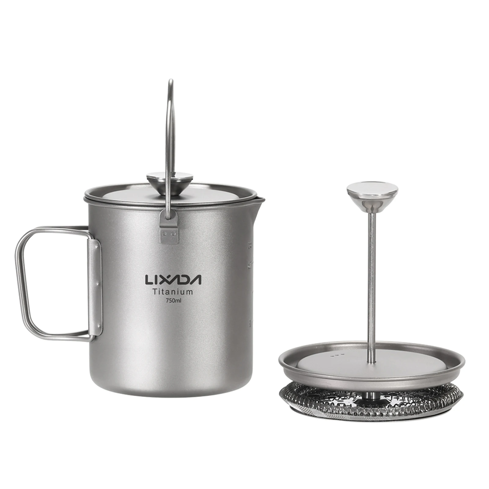 Lixada 750ml Titanium Coffee Cup Mug French Press Pot Coffee Maker Outdoor Camping Cooking Pot with Folding Titanium Spoon
