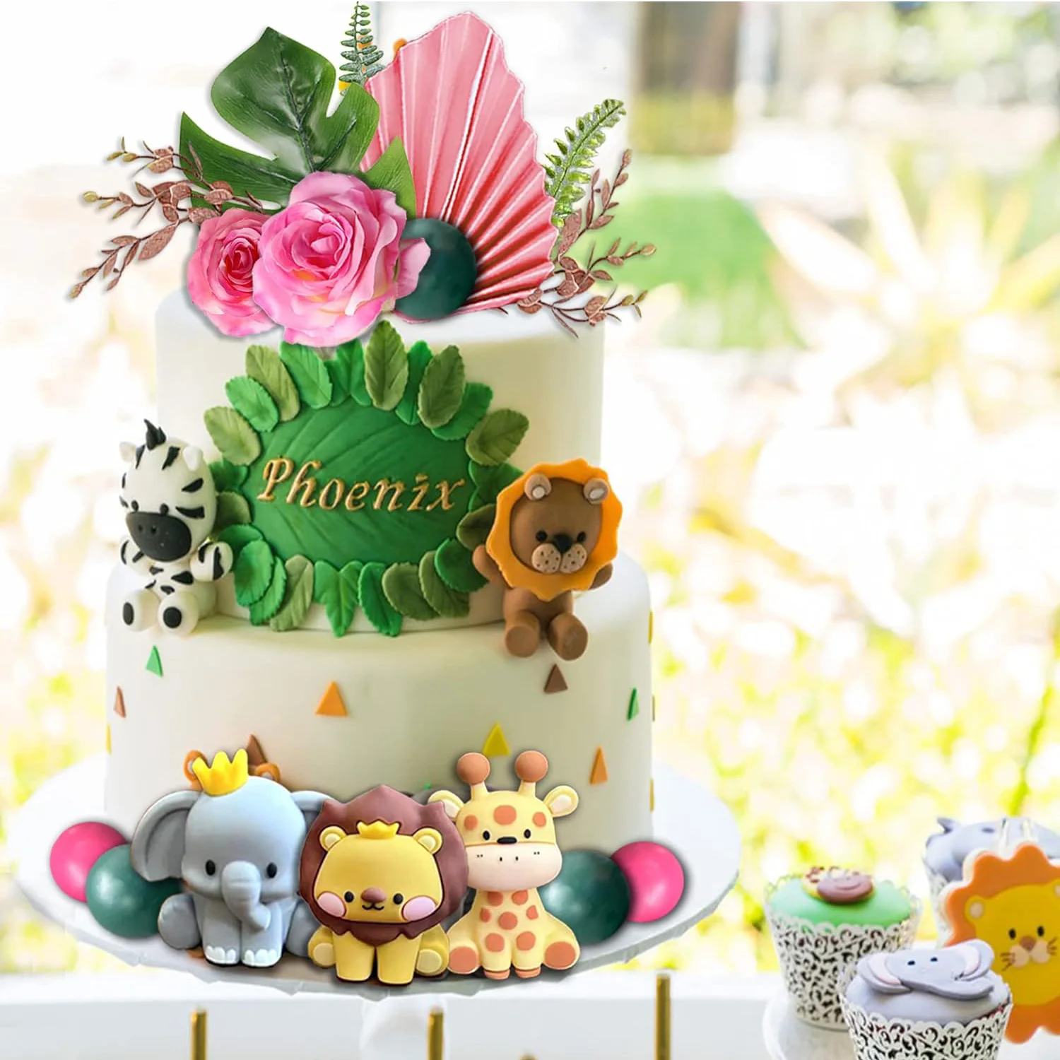 Set De 16 Décorations Gâteau Animaux De La Jungle – Girafe, Zèbre, Hippopotame, écureuil, Feuilles 3D – Caoutchouc Souple – Anniversaire Enfant