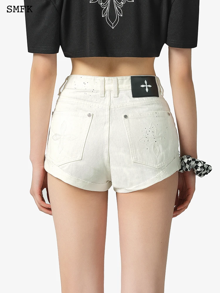 SMFK Hand-painted Women's High Waisted Denim Shorts cross flower Beige Jean Speckle ink Summer Jeans Female Casual Loose Short