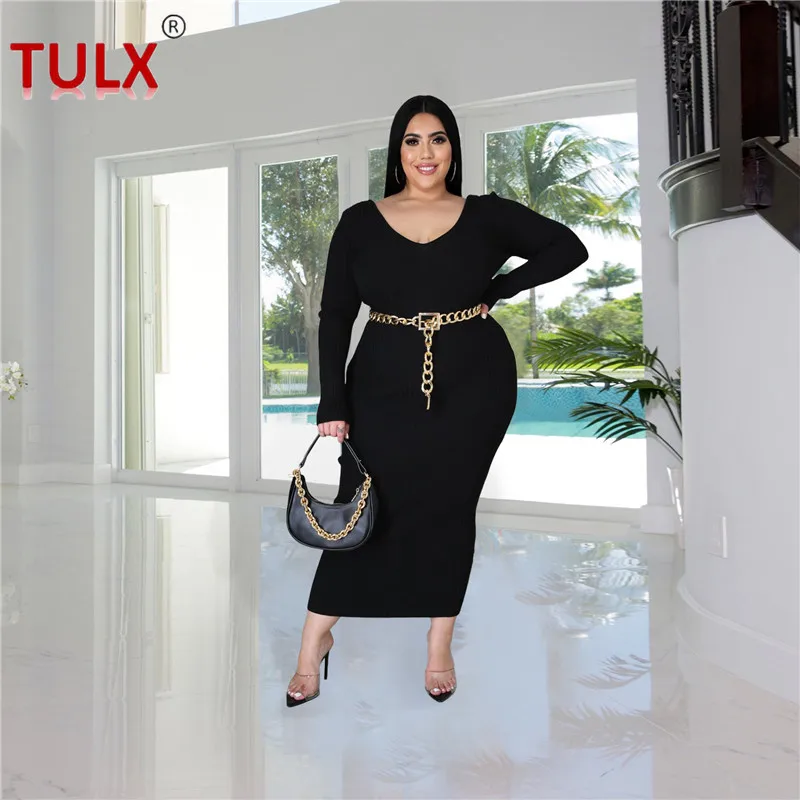 L 5XL Plus Size Women Knitted Dress Long Sleeve Solid Bodycon Midi ...
