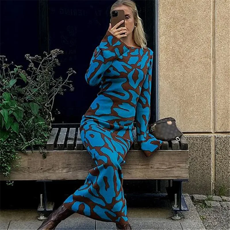 

Women's Print Bodycon Flare Long Sleeve Knitting Dress Female Ruffled Hip Package Hem Vestidos Summer Elegant High Waist Robe