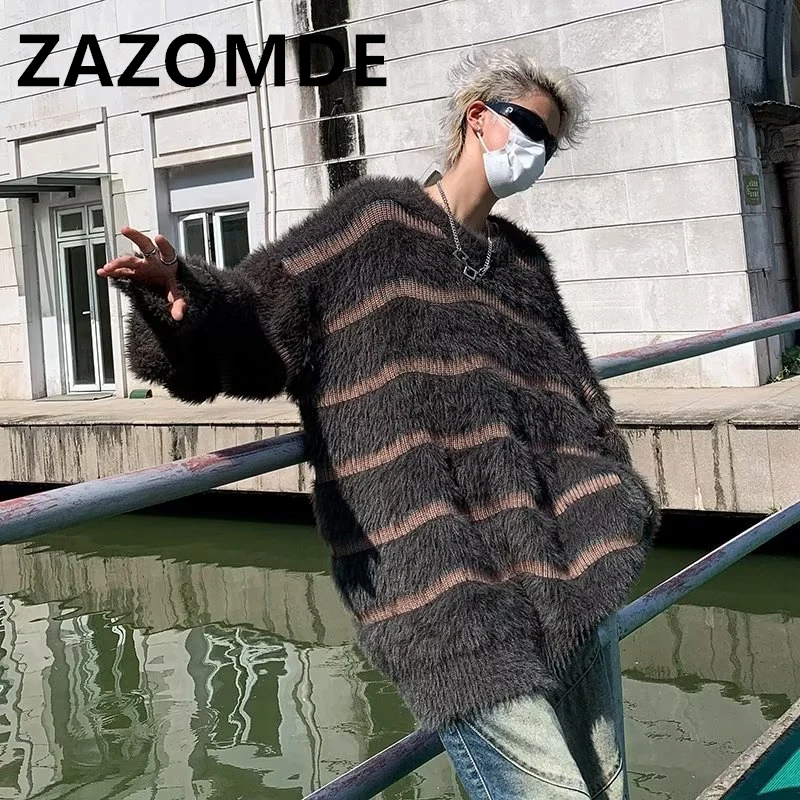 ZAZOMDE Winter Warm Soft Sweater Loose Trendy Loose Striped Jumper Round Neck Casual Knitted Oversized High Street Sweater Men