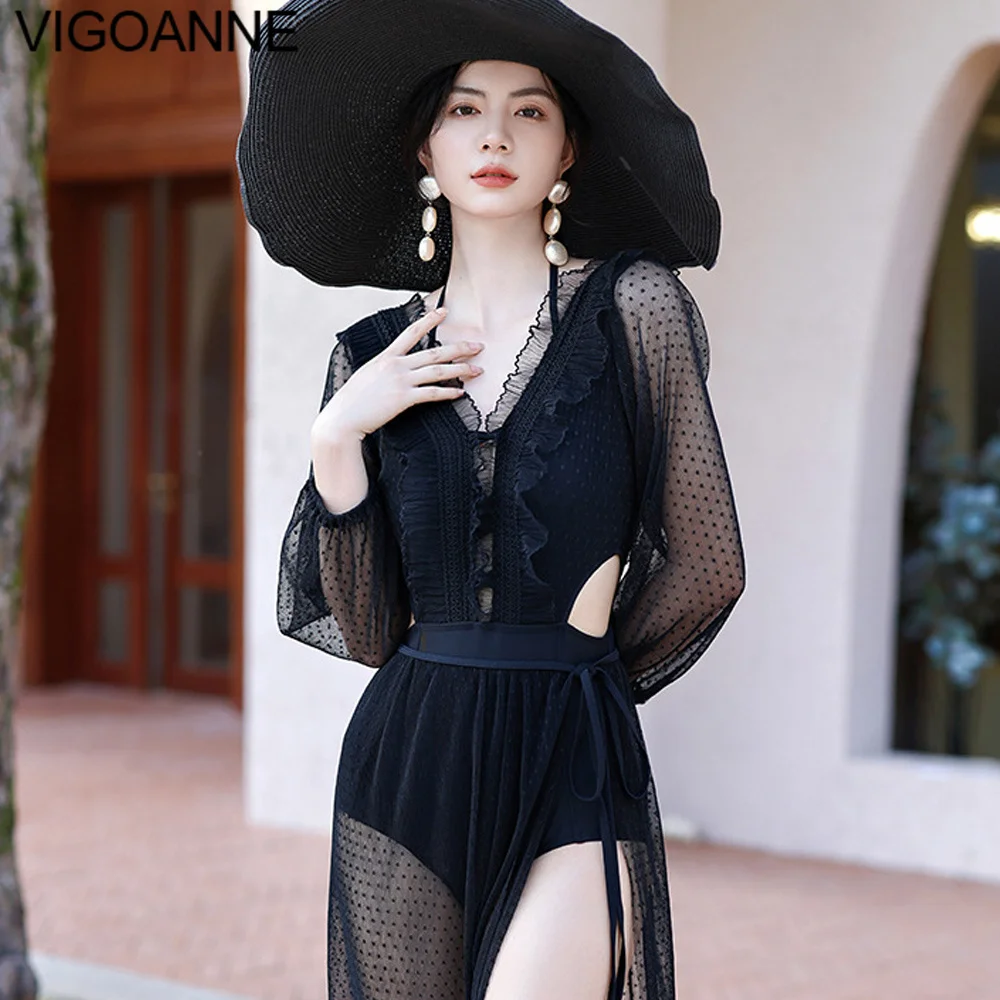 

VigoAnne Korean Solid Swimwear Women 2023 Sexy Mesh Long Sleeve Push UP One Piece Swimsuit Slimfit Monokini Beach Bathing Suit