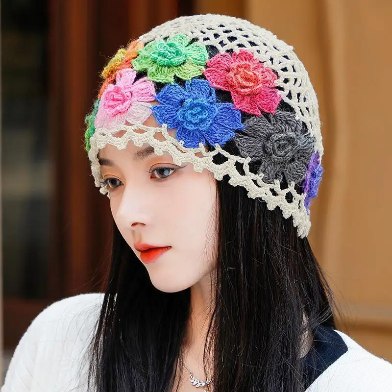 Japanese Spring Summer Literary and Artistic Colorful Flower Hollow Bag Head Hat Women Sweet Fashion Hand-crocheted Beanie Cap 2