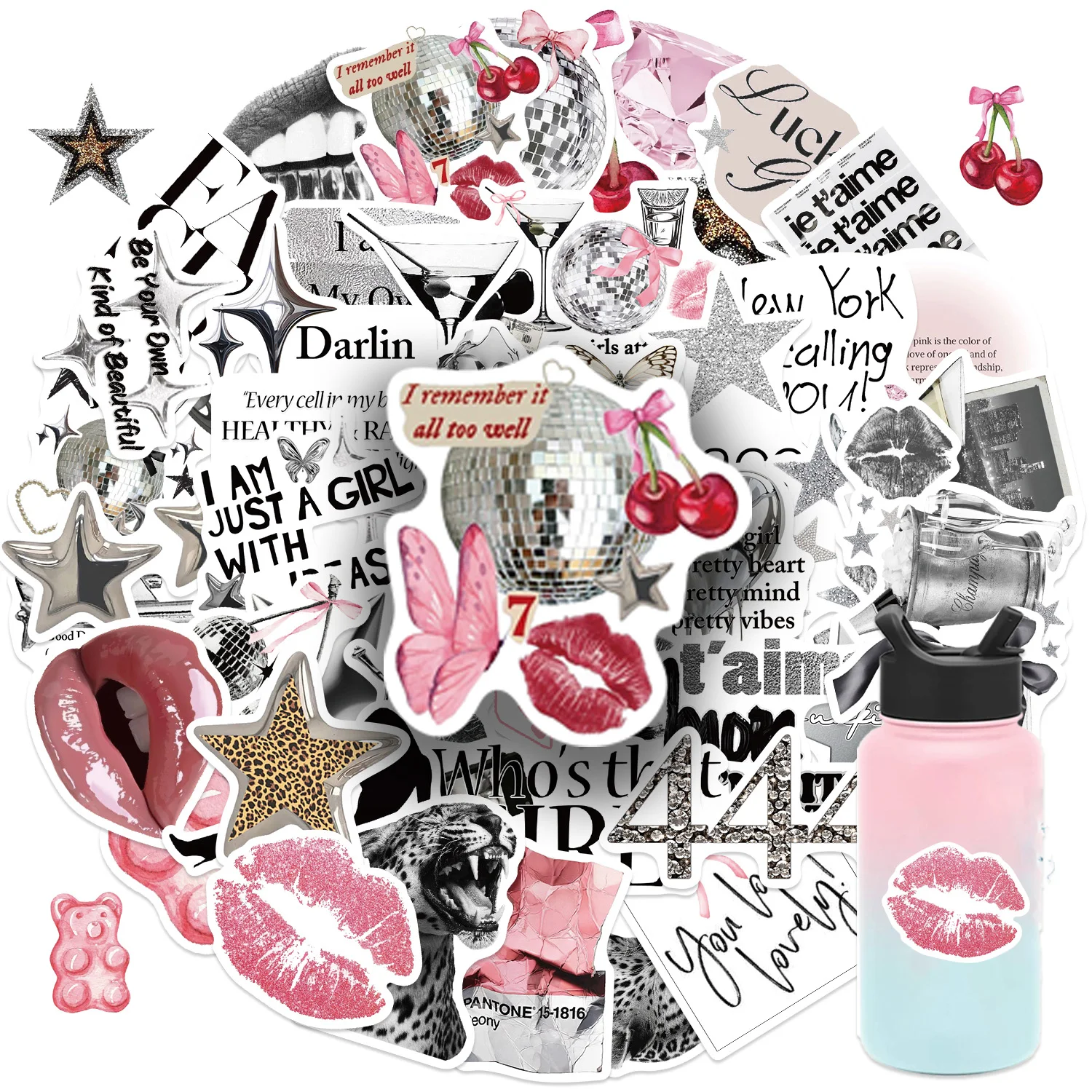 50 Stück Y2K Silber Lucky Girl Ästhetische Aufkleber Vintage Ins Style DIY Handbuch Scrapbook Notebook Tablet Aufkleber