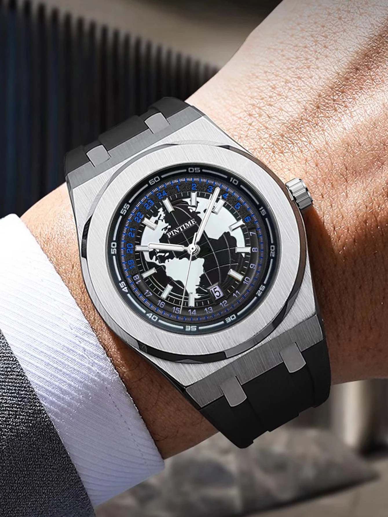 Men's quartz watch, earth-themed large dial, water-resistant and luminous for both day and night use, silicone strap, stylish an - 3