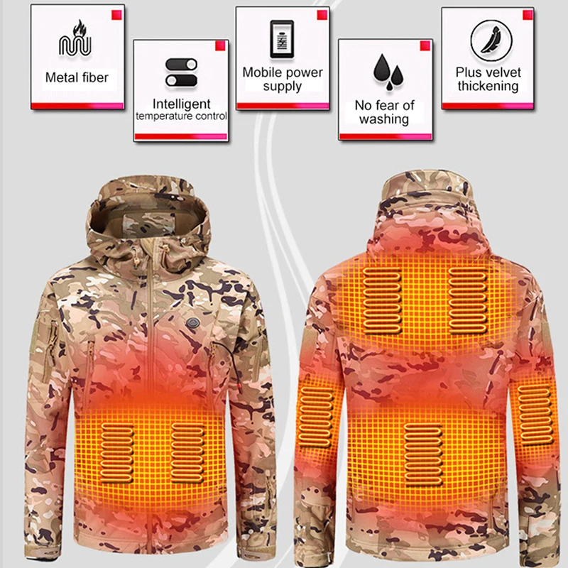 Heated Jacket Winter Motorcycle Hooded Jacket Men Women 7 Zone USB Electric Heating Thermostatic Camping Warm Washed