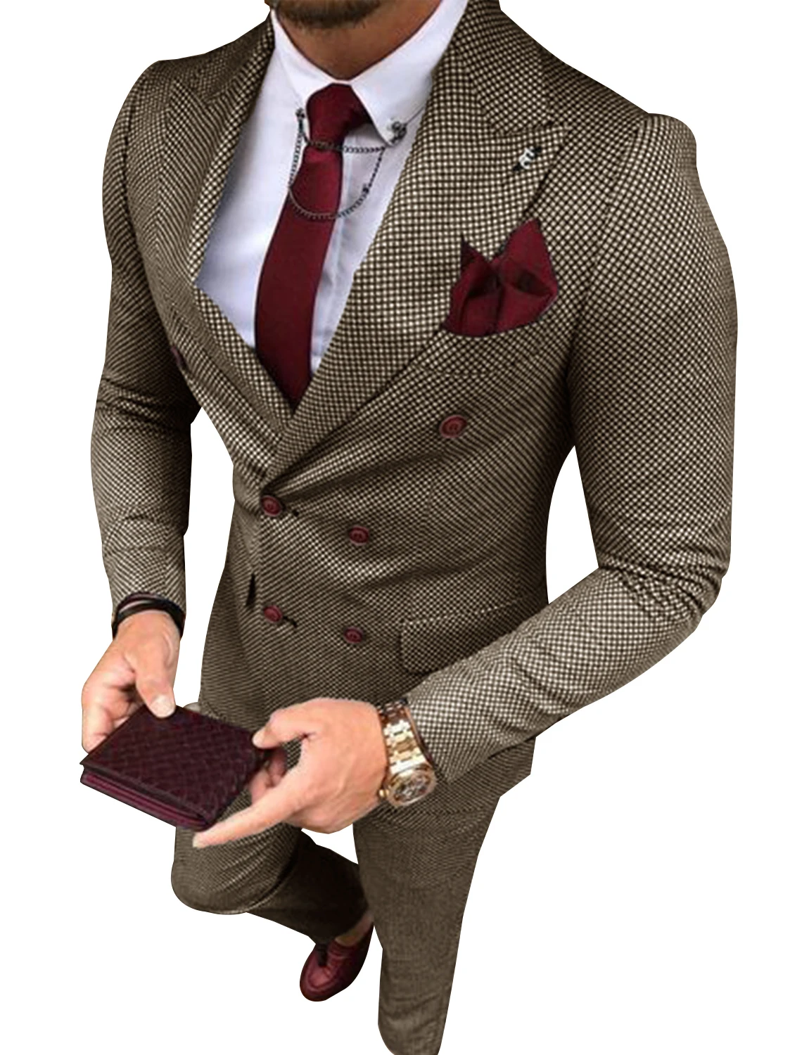 Men's Tweed Suit Plaid Double Breasted Jacket and Pants Groom Business Tuxedos Men Suits Wedding Prom Suits Mens Suits